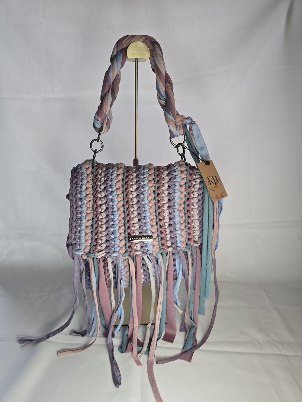 Hand Crafted Pastel Crochet Fringe Shoulder Bag in Pink, Blue, Lavender - Picture 4 of 4
